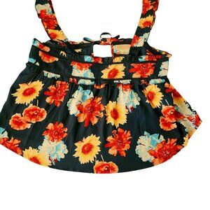 BOG Collective Navy Floral Print Milkmaid Prairie Babydoll Ruffle Strap‎ Top M